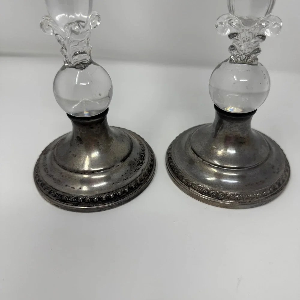 VTG Reed and Barton Weighted Sterling Silver 464 Glass Candlestick Holders Pair